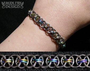 Helm Weave Chainmail Bracelet - Rainbow Anodized Titanium + Stainless Steel - 18ga