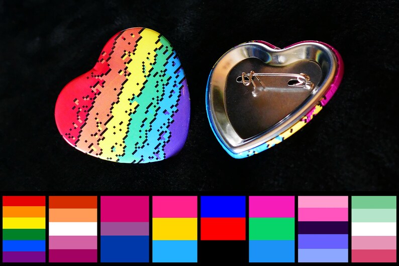 Heart-Shape Pin-Back or Magnet Buttons Sexuality Spectrum Pride Pixel Paint Swatches