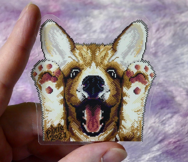 Doggo Happy AF Clear Sticker Decal Cute Corgi Pixel Art Sticker image 1