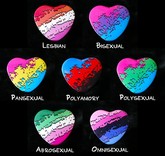 Heart-Shape Pin-Back or Magnet Buttons Sexuality Spectrum Pride Pixel Paint Swatches