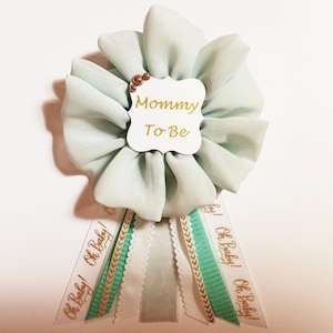 Pin de cinta para baby shower, color verde menta, blanco y dorado, para futura mamá