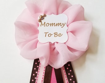 Pink and Brown Polka Dots Mommy to Be Pin Baby Shower Ribbon Pin Corsage