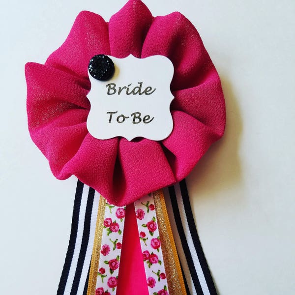 Black Stripes Floral and Gold Kate Spade Inspired Bride to Be Pin Bridal Shower Pin Ribbon Corsage