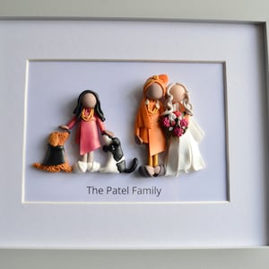 May include: A framed clay art piece featuring a family and their dogs. The figures include a woman in a pink dress with two dogs, and a couple in wedding attire. The text "The Patel Family" is at the bottom.