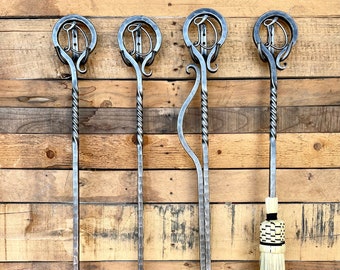 OUTDOOR Fire Tools, 36" Personalized Hand-forged Four-Piece Fire Tool Set with Hooks, Made to Order