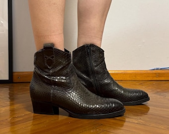 Tamaris Snake Print Leather Ankle Boots Western Cowboy Style Brown Python Booties EU 38 24.5cm