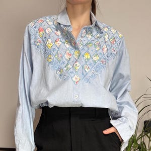 Vintage Blue Embroidered Blouse, Floral Cotton Shirt, Boho Button Up Top