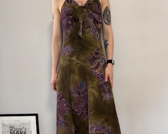 Vestido midi halter La Rochelle, vestido lencero paisley estilo años 2000, vestido bohemio transparente superpuesto, vestido de festival marrón y morado, vestido sin espalda de los años 2000