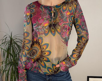 Top de malla transparente Desigual con estampado floral paisley colorido, manga larga, talla M