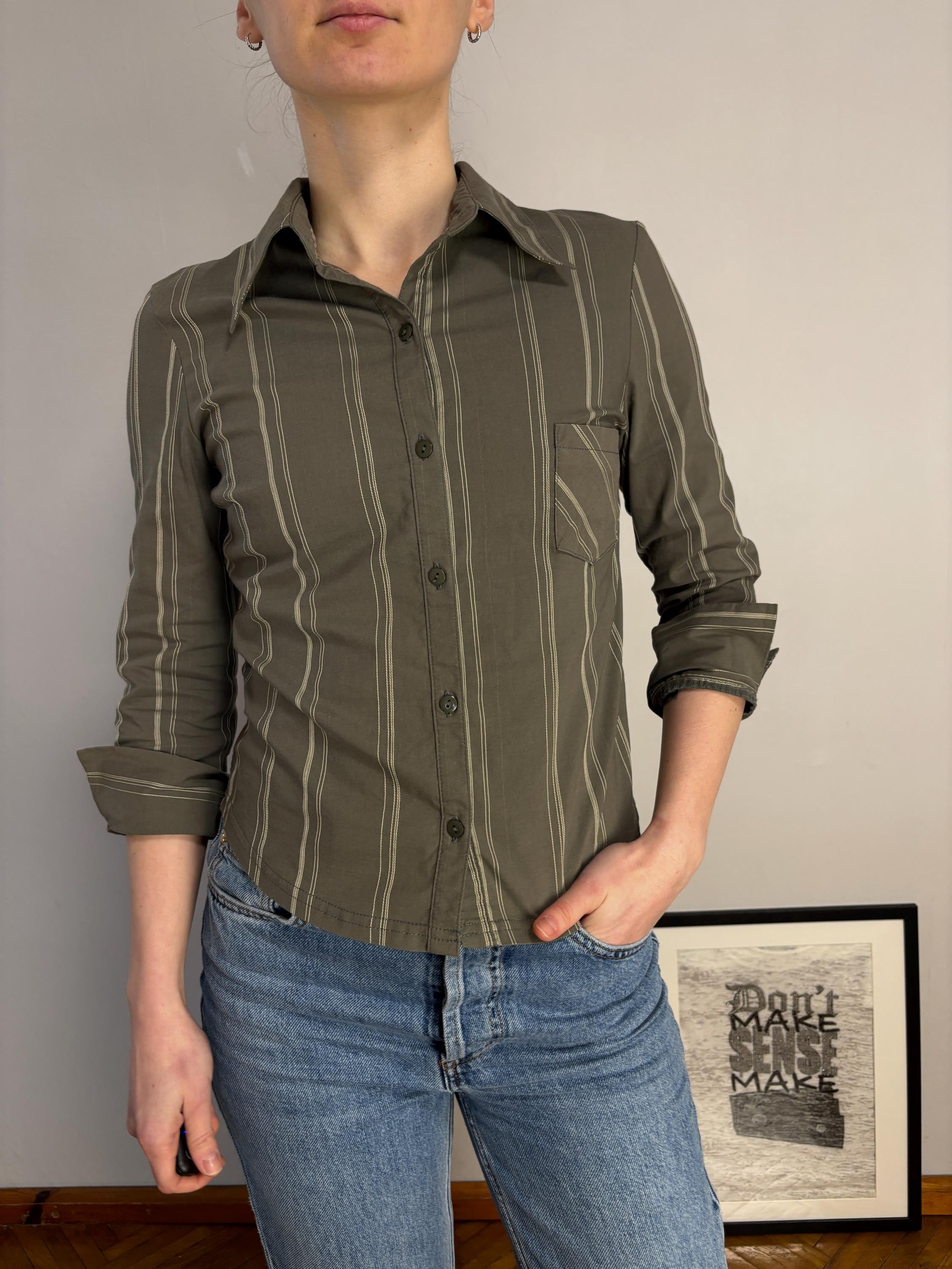Xanaka Vintage Olive Green Pinstripe Button up Shirt Y2K Office
