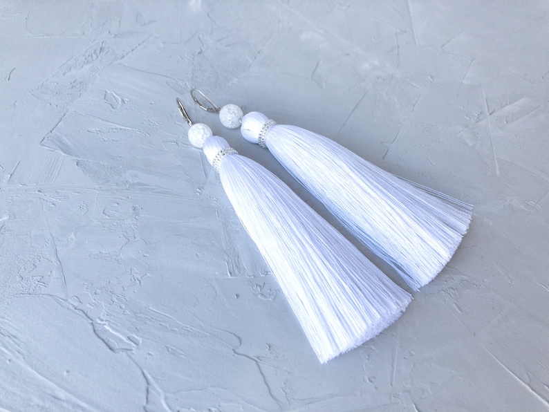 Bridal tassel earrings White tassel earrings Wedding fringe Etsy