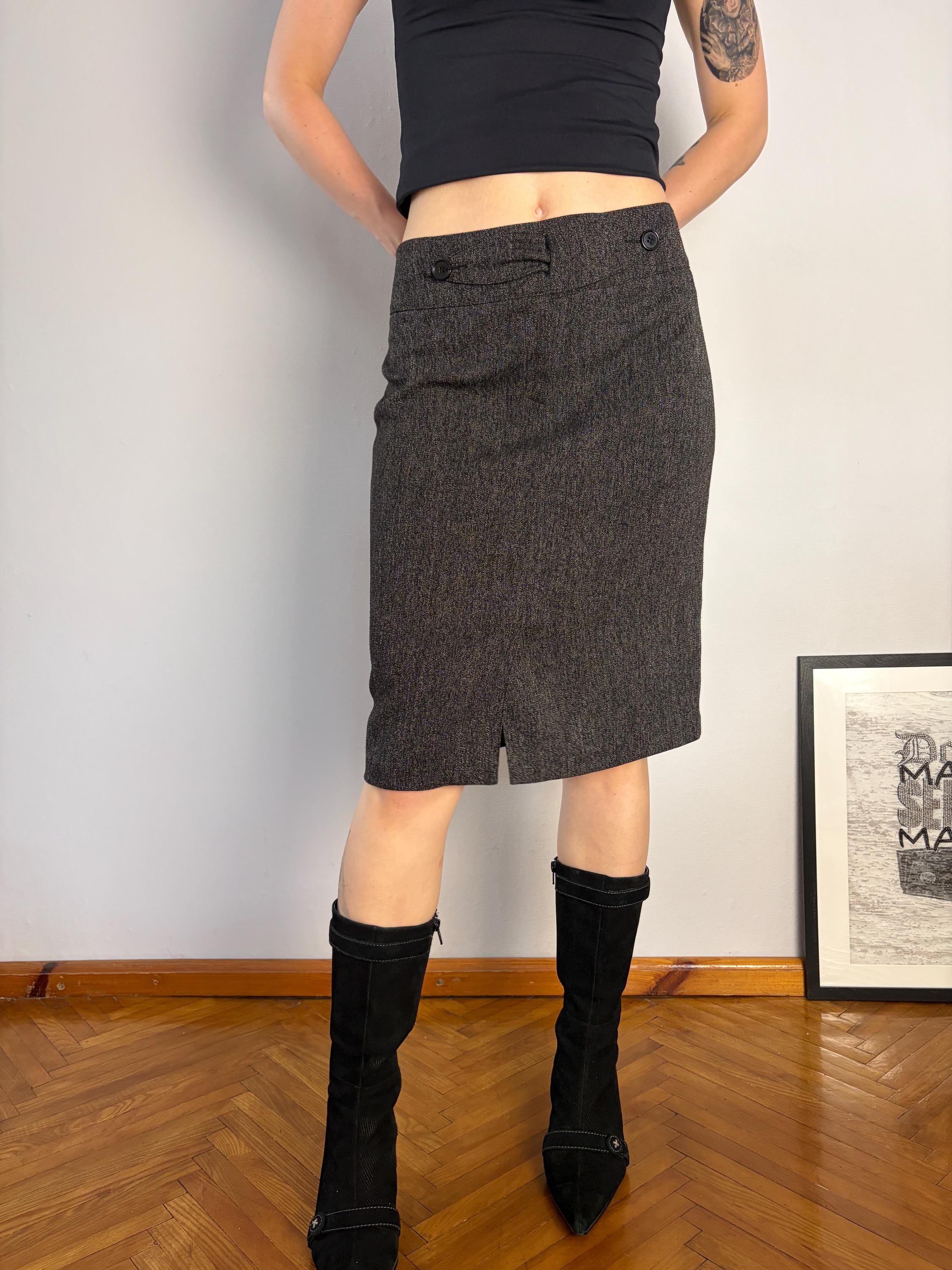 Sandro, Sandro Ferrone Tweed Pencil Skirt: Charcoal Herringbone, Made in Italy (L/XL)