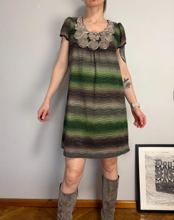 Y2K Boho Knit Dress, Korean Vintage Earth Tone Mini Dress, Crochet Trim Tunic