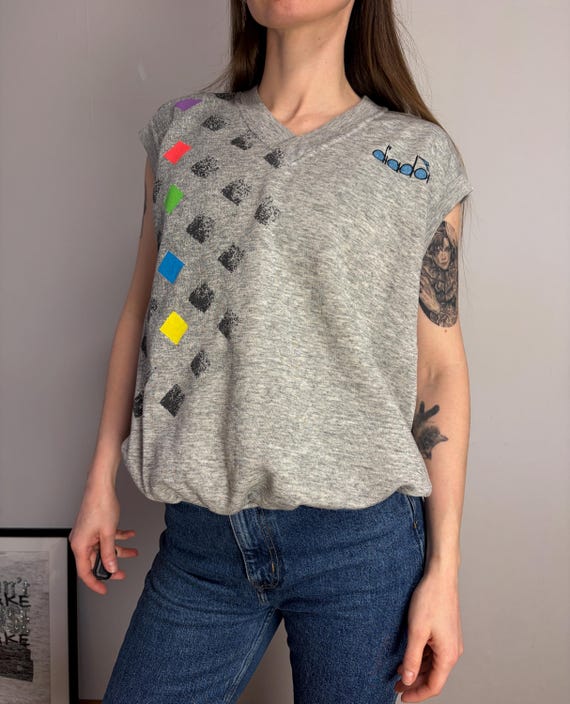 Diadora, Vintage Diadora Sweatshirt Vest, 80s Geometric Graphics, Oversized V-Neck Top, Made in Italy Sportswear