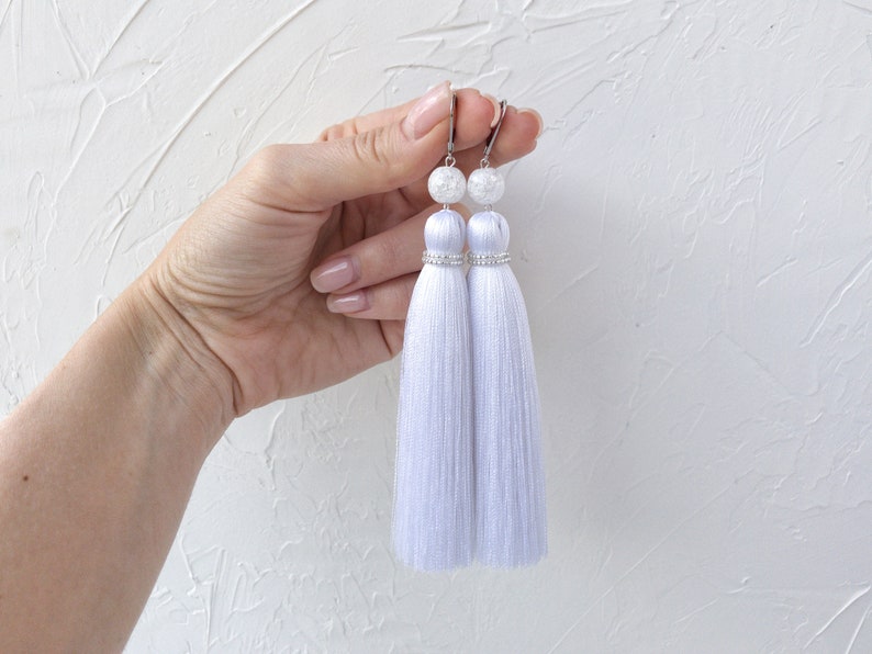 Bridal tassel earrings White tassel earrings Wedding fringe Etsy
