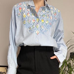 Vintage Blue Embroidered Blouse, Floral Cotton Shirt, Boho Button Up Top