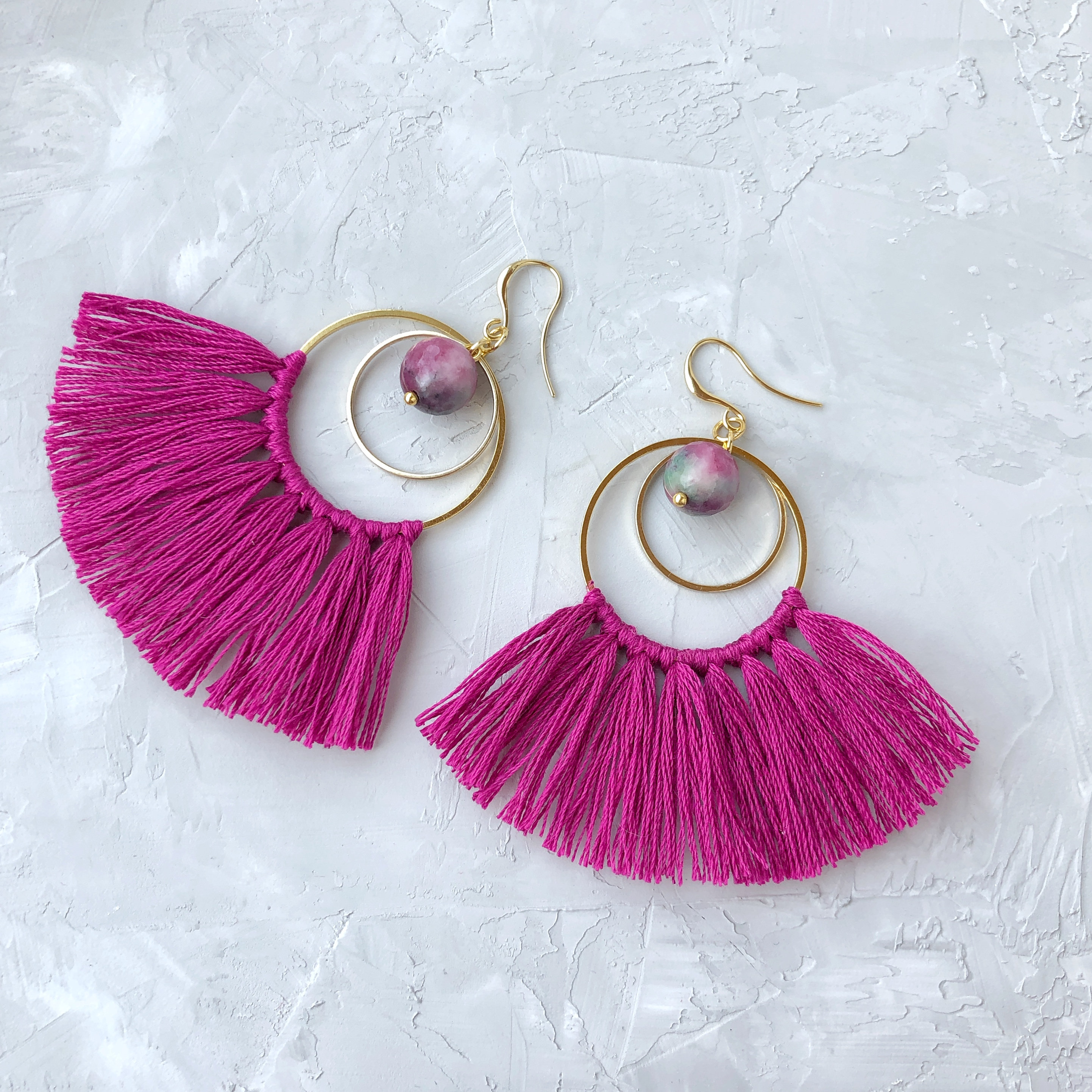 Fan tassel earrings Hoop earrings Pink tassel earrings Fringe Etsy