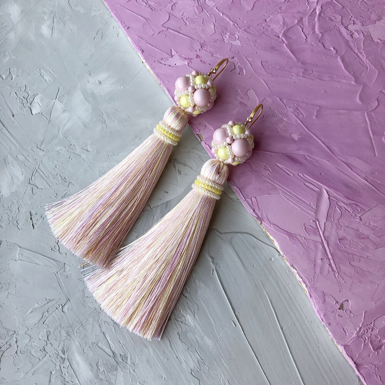Yellow tassel earrings Pink tassel earrings Fringe Summer jewelry Bright earrings yellow pink earrings gift for daughter Bohemian earrings