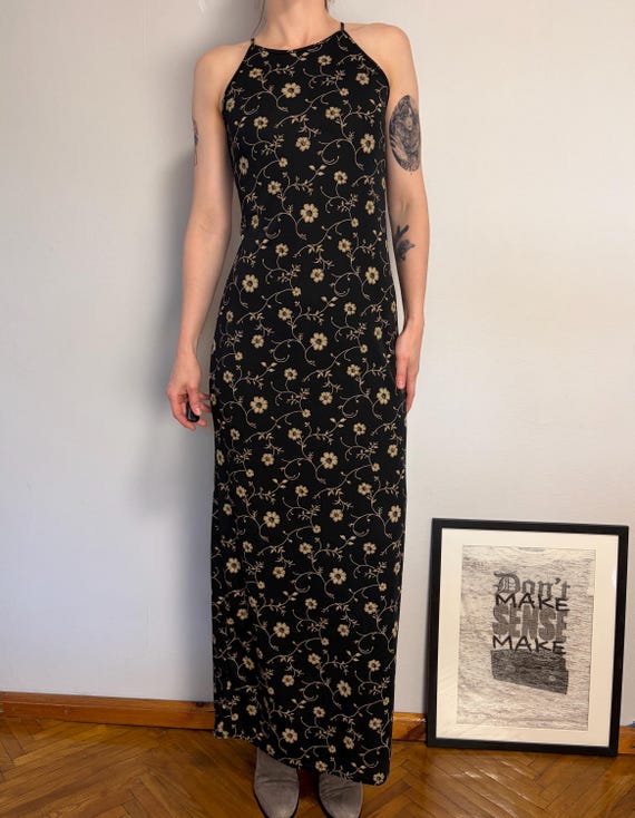 goth halter dress Vintage 90s Onyx Floral Maxi Dress, Whimsigoth Gold Black Grunge Column Dress, Mall Sleeveless Evening Size XS S formal elegant gothic dress