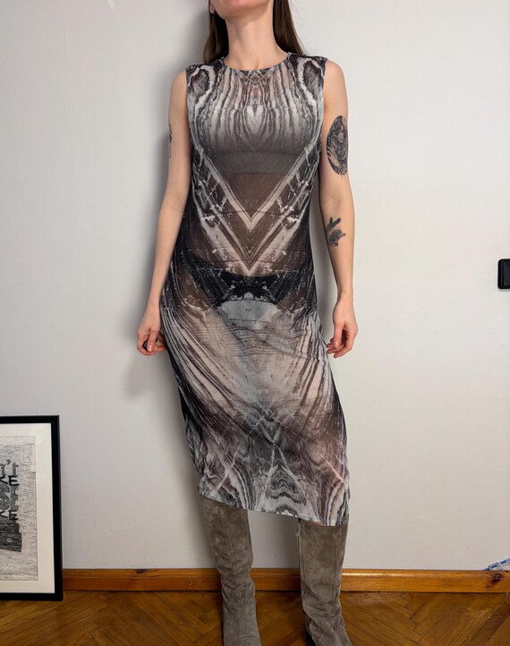 y2k bodycon dress Abstract Mesh Maxi Dress, Sheer Sleeveless Dress, Grunge Fairycore Dress, Gothic Printed Midi Dress, Cyber Y2K Fashion Halter dress Color:Light Blue (SkyBlue) color_Blush 🌴✨ Refurbished & Hand-Painted