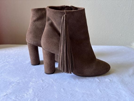 Buffalo Suede Fringe Ankle Boots, Brown Tassel Chunky Heel, Y2K Western Boho Festival Shoes View 3