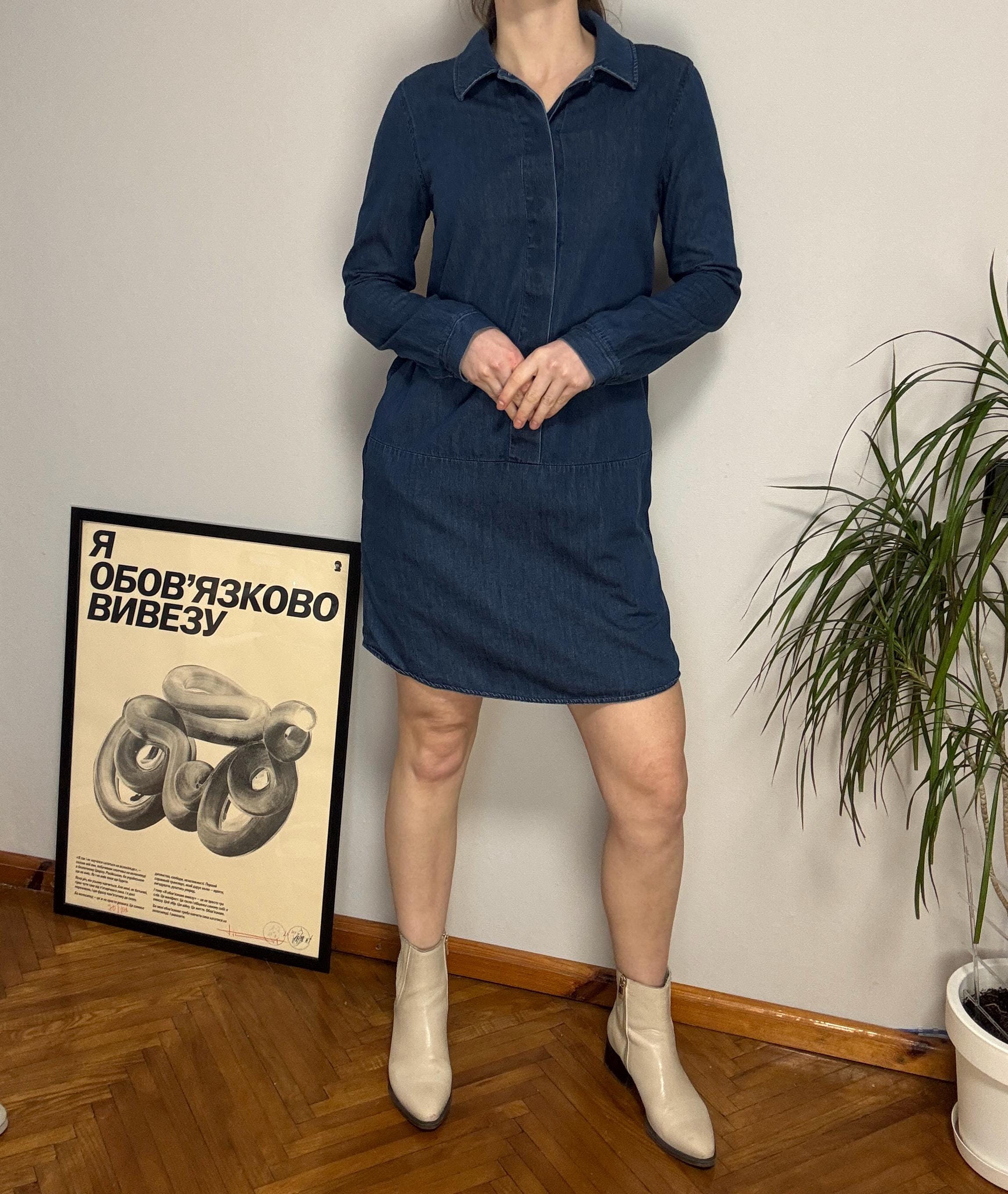 COS Denim Shirt Dress Dark Blue 100% Cotton Long Sleeve Minimalist Shift Dress
