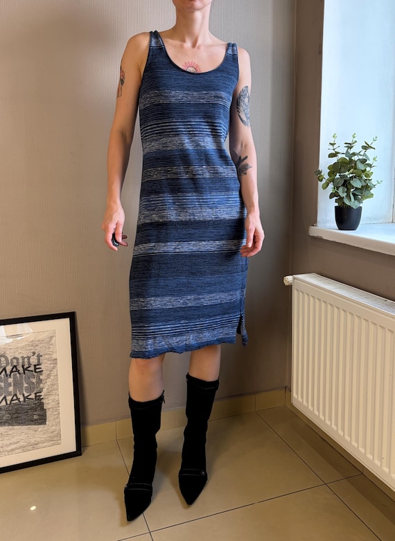 Massimo Dutti, Massimo Dutti Blue Striped Ribbed Knit Tank Dress, Y2K Minimalist Midi (Size L)