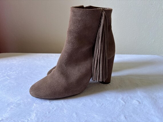 Buffalo Suede Fringe Ankle Boots, Brown Tassel Chunky Heel, Y2K Western Boho Festival Shoes View 4