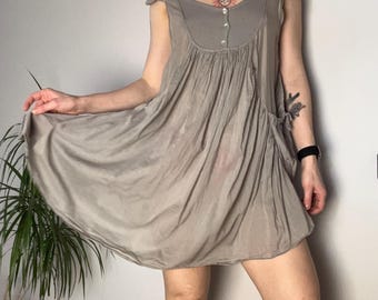 Minivestido bohemio vintage talla 38, vestido babydoll beige vaporoso, vestido túnica de corte holgado, vestido de festival con capas, vestido de verano estilo cottagecore