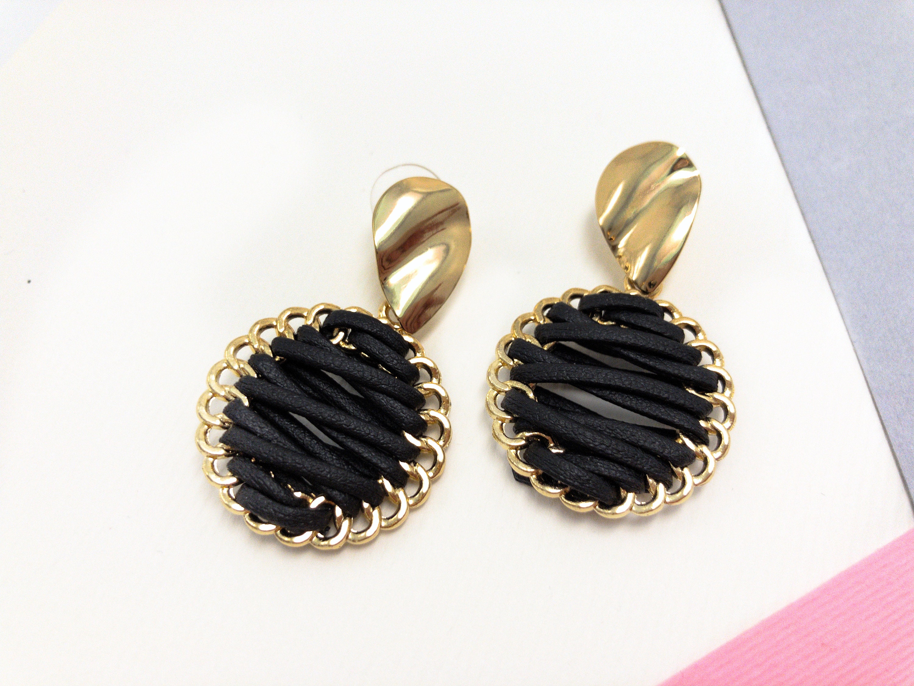 Black circle earrings Braided earrings Statement earrings Etsy