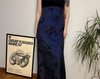 Vestido largo Vera Mont de terciopelo azul y negro con estampado floral (Talla M EU 38)