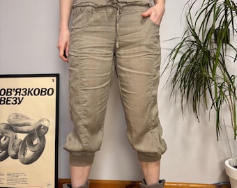 vintage - Pantacourt 100 % lin femme beige avec cordon de serrage court décontracté fuselé (taille S-M)