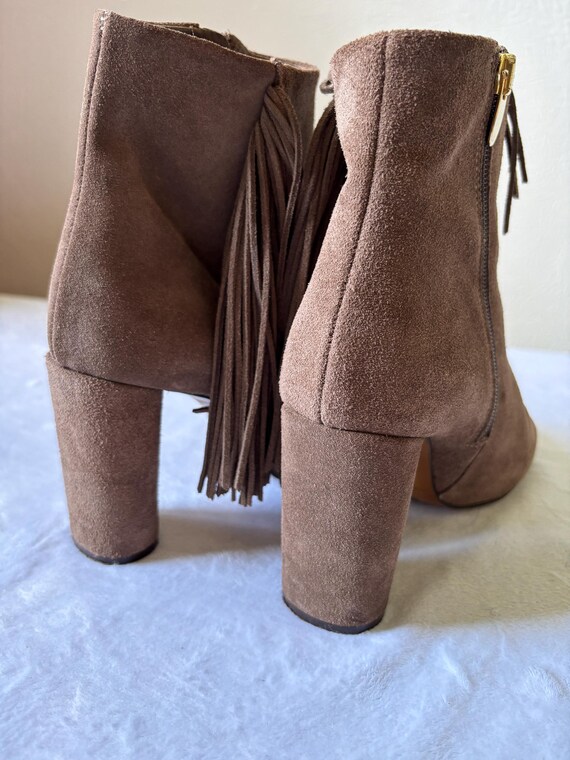 Buffalo Suede Fringe Ankle Boots, Brown Tassel Chunky Heel, Y2K Western Boho Festival Shoes View 2