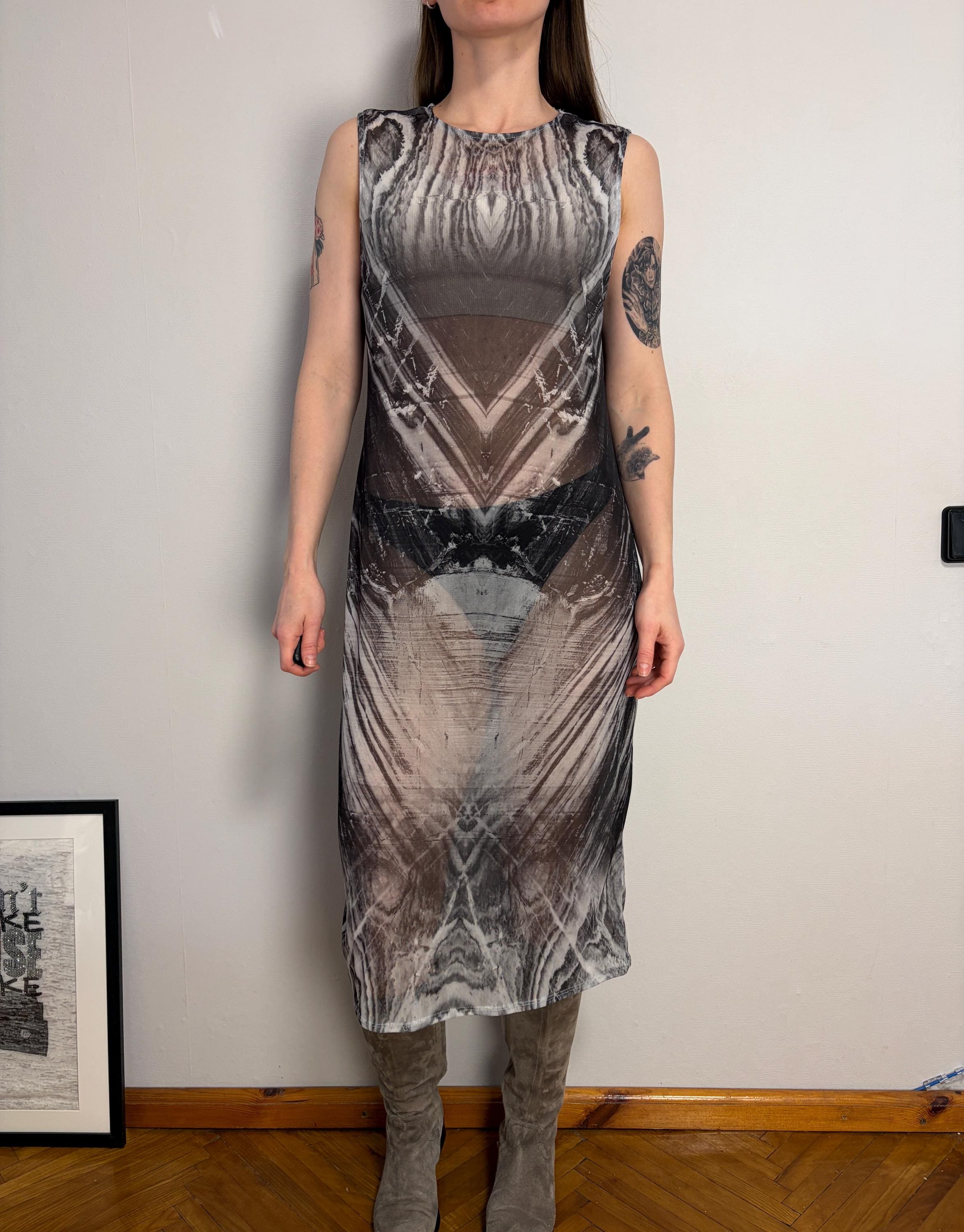grunge dress Y2K Abstract Mesh Maxi Dress, Sheer Sleeveless Bodycon Dress, Fairycore Dress, Gothic Printed Midi Dress, Cyber Y2K Fashion Party