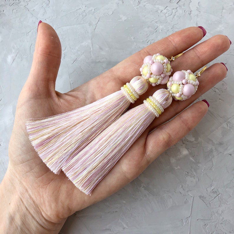 Yellow tassel earrings Pink tassel earrings Fringe Summer jewelry Bright earrings yellow pink earrings gift for daughter Bohemian earrings