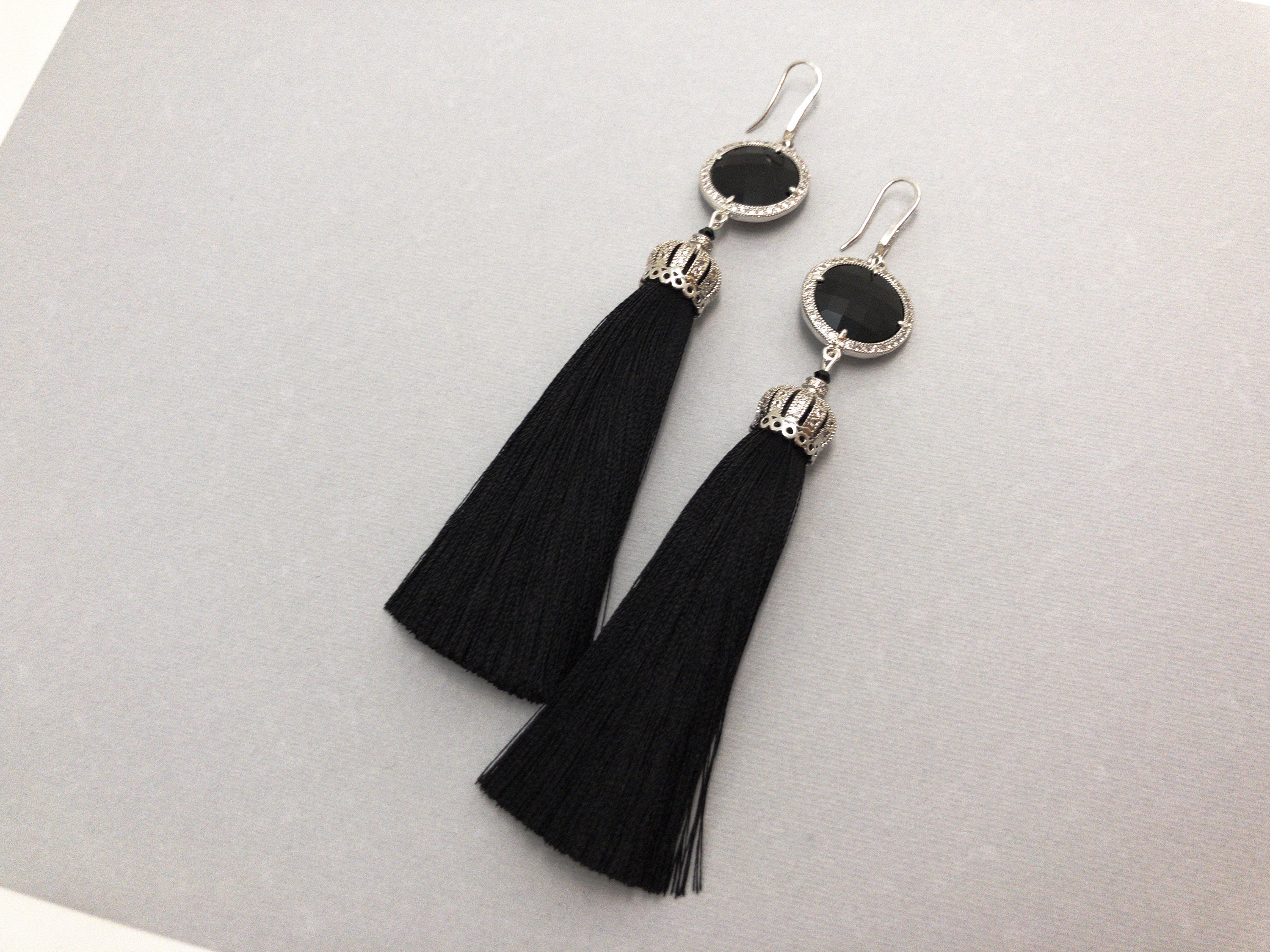 Black tassel earrings Fringe earrings Black silver earrings Etsy