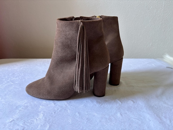 Buffalo Suede Fringe Ankle Boots, Brown Tassel Chunky Heel, Y2K Western Boho Festival Shoes