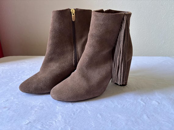 Buffalo Suede Fringe Ankle Boots, Brown Tassel Chunky Heel, Y2K Western Boho Festival Shoes View 5