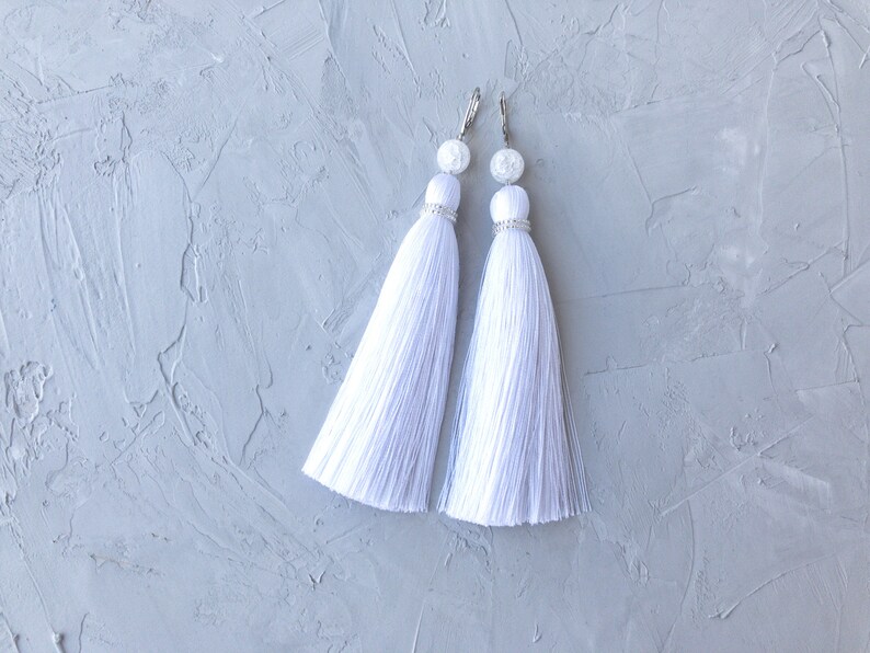 Bridal tassel earrings White tassel earrings Wedding fringe Etsy