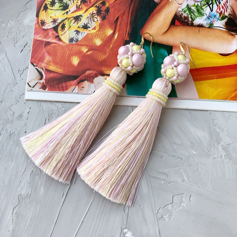 Yellow tassel earrings Pink tassel earrings Fringe Summer jewelry Bright earrings yellow pink earrings gift for daughter Bohemian earrings