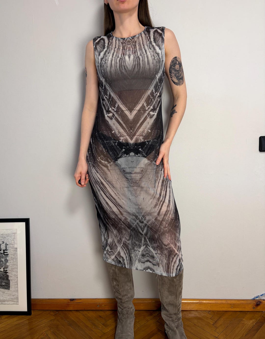 Y2K Abstract Mesh Maxi Dress, Sheer Sleeveless Bodycon Dress, Grunge Fairycore Dress, Gothic Printed Midi Dress, Cyber Y2K Fashion