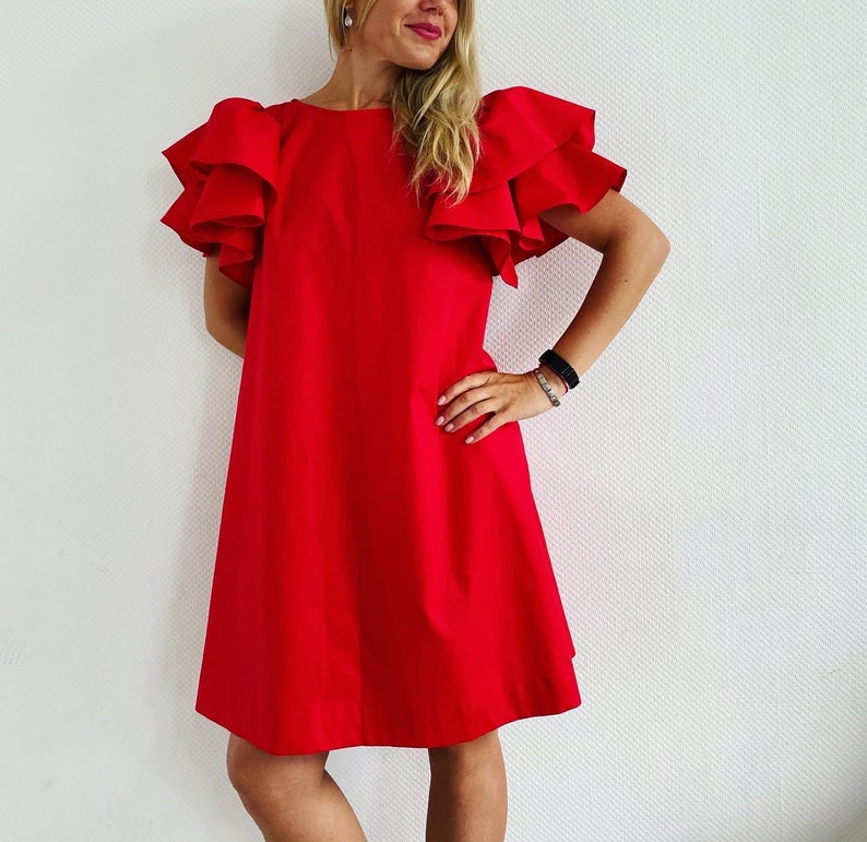 Cotton Dress / Ruffle Dress / Women Dress / Butterfly Dress / Ruffle Sleeves / Beautiful Dress / Red Dress / Green Dress / Summer Dress image 3