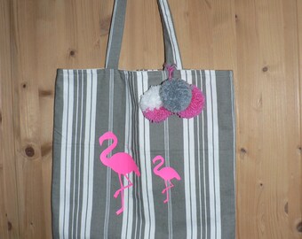 Tote bag French ticking - Flamingo - double - tote bag - shopping bag