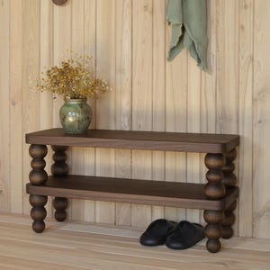 Handmade Shoe Storage Bench – Solid Ash Wooden Entryway Shoe Rack with Beaded Bobbin Legs | Hallway Bench | Custom Size Available