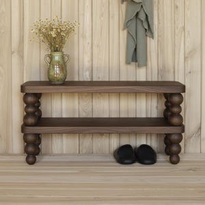 Handmade Shoe Storage Bench – Solid Ash Wooden Entryway Shoe Rack with Beaded Bobbin Legs | Hallway Bench | Custom Size Available