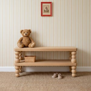 Handmade Shoe Storage Bench – Solid Ash Wooden Entryway Shoe Rack with Beaded Bobbin Legs | Hallway Bench | Custom Size Available