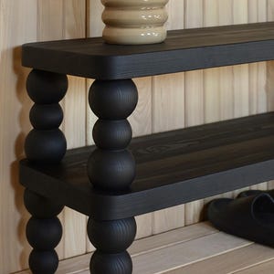 Handmade Shoe Storage Bench – Solid Ash Wooden Entryway Shoe Rack with Beaded Bobbin Legs | Hallway Bench | Custom Size Available