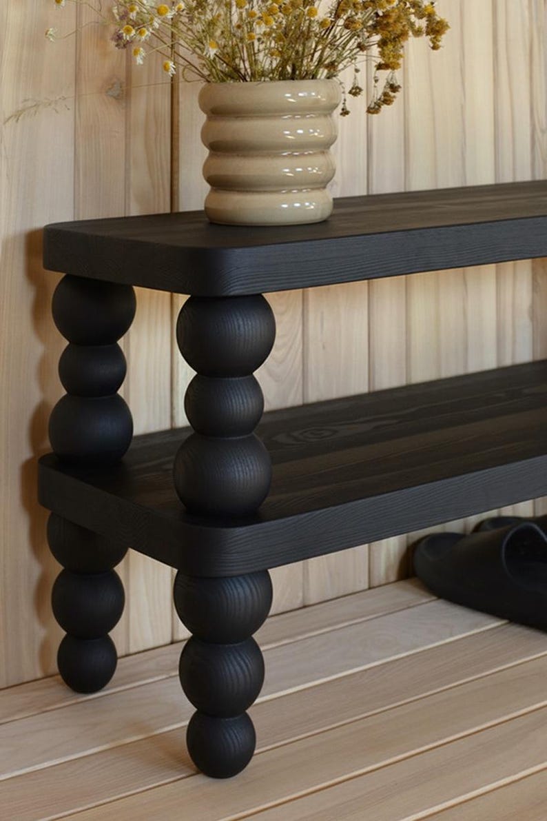 Handmade Shoe Storage Bench – Solid Ash Wooden Entryway Shoe Rack with Beaded Bobbin Legs | Hallway Bench | Custom Size Available