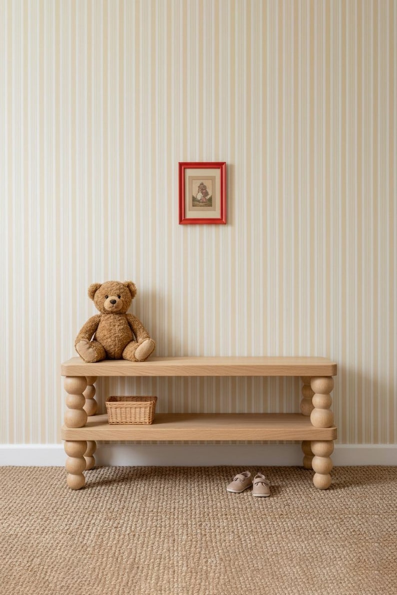 Handmade Shoe Storage Bench – Solid Ash Wooden Entryway Shoe Rack with Beaded Bobbin Legs | Hallway Bench | Custom Size Available