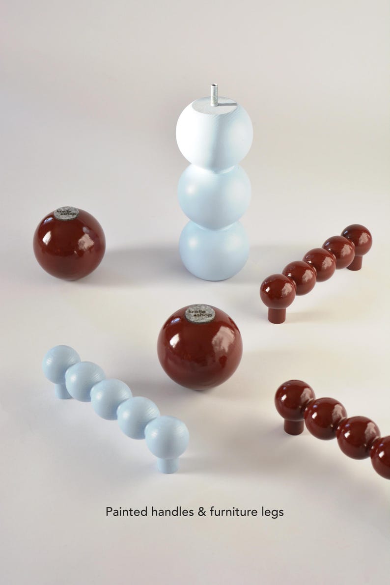 Colorful Large Beaded Drawer Handles – Handmade Oak & Ash Wood Cabinet Pulls – Bobbin Statement Handles in Burgundy and Pastel Blue | Solid Wood Sculptural Hardware